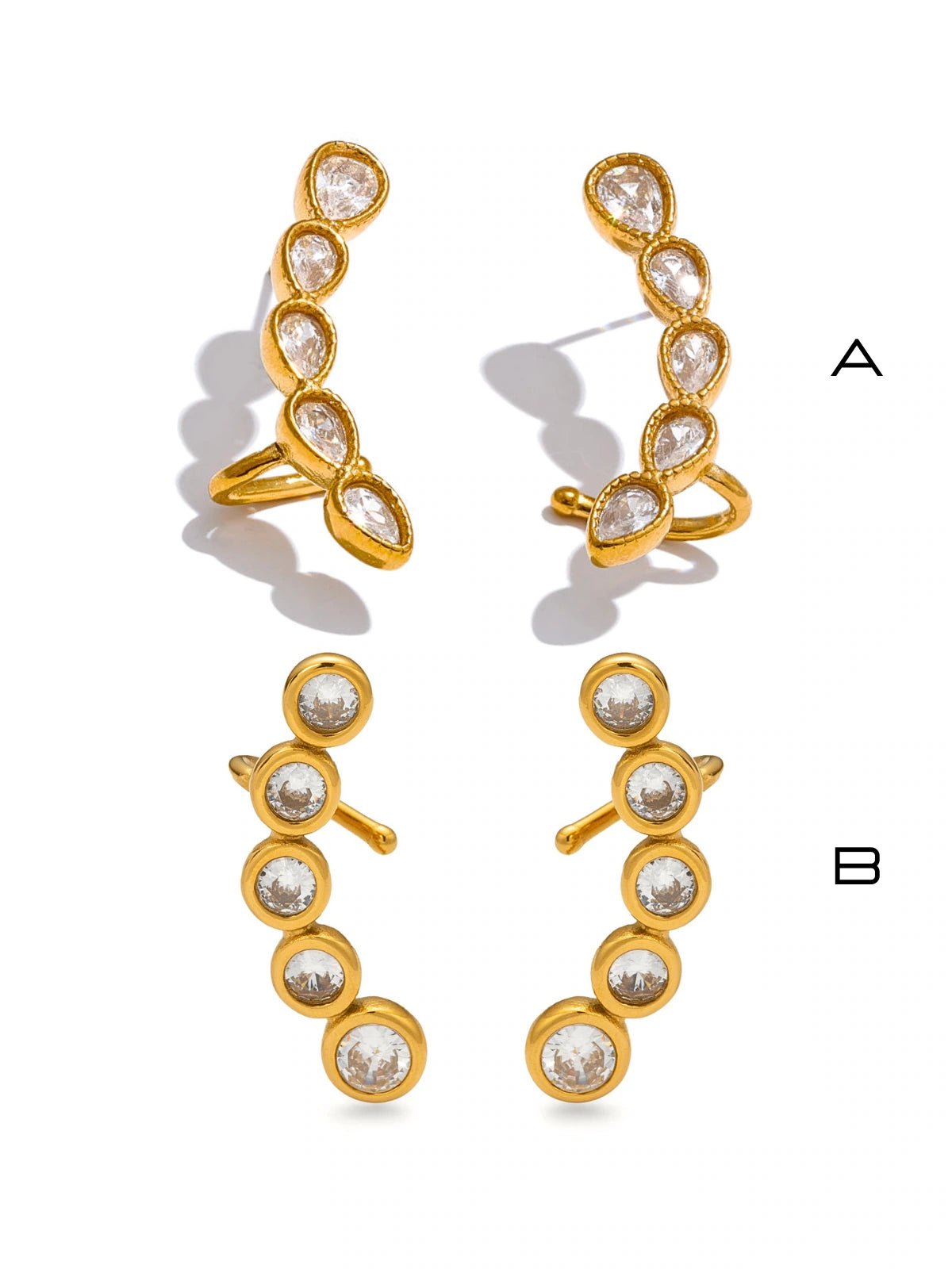 Ana_EARRING_CUFF_2 Gold earrings with gemstones on a white background