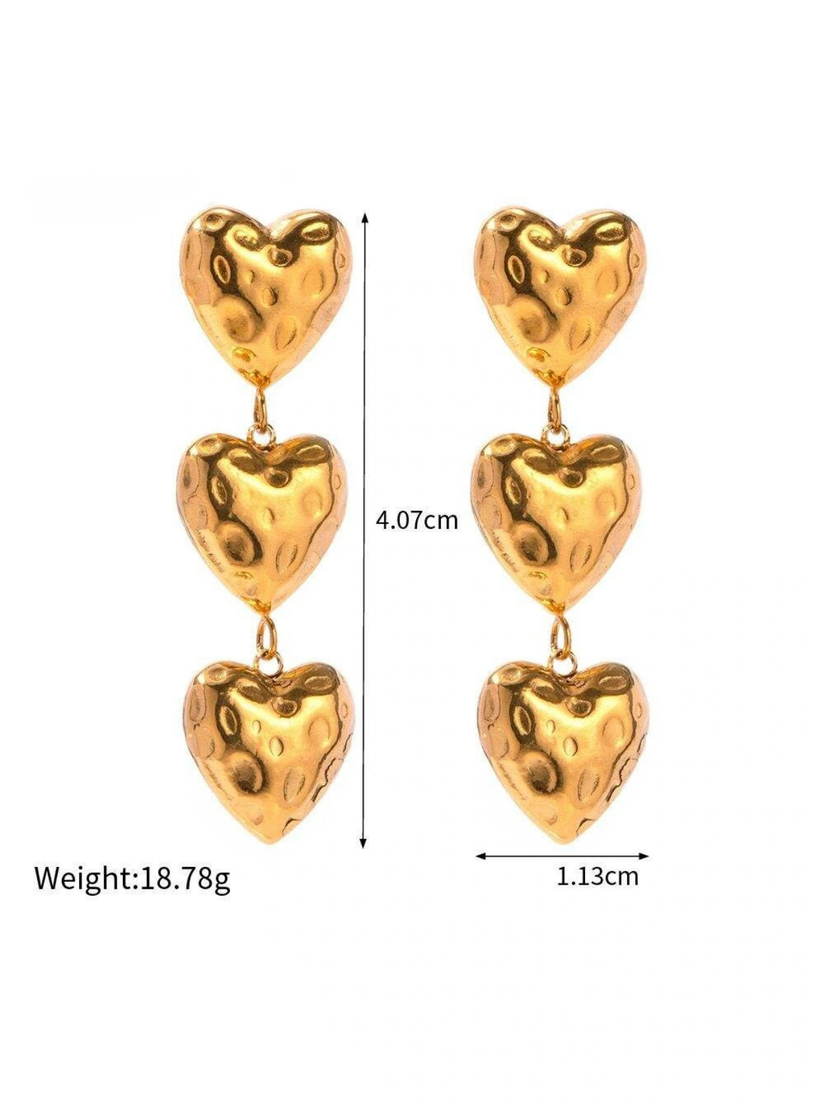 Ashley_HEART_EARRING_2 Gold heart-shaped earrings with measurements on a white background