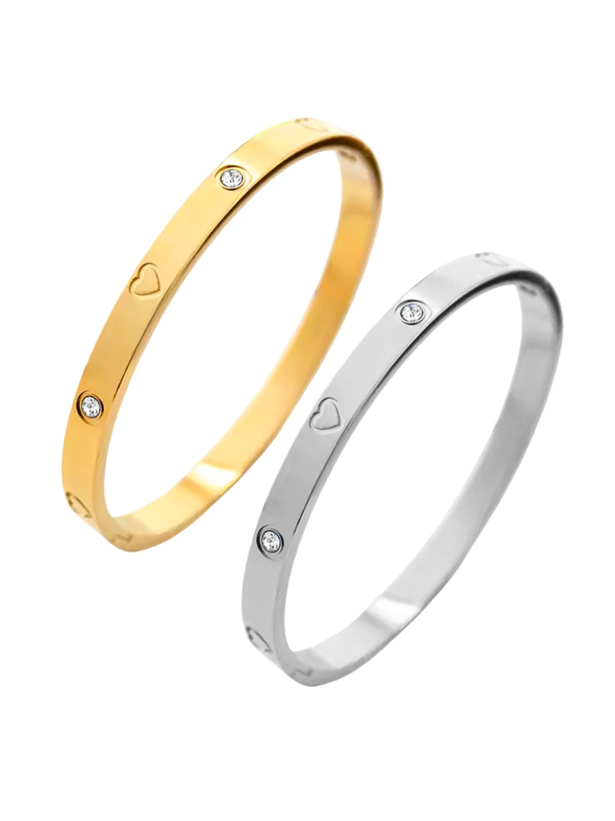 Bella Vista LOVE BANGLE luxury 18K gold-plated stainless steel bangle by Shine With Me, front view with cubic zirconia detailing. Gold and silver bangles with small stones on a white background.