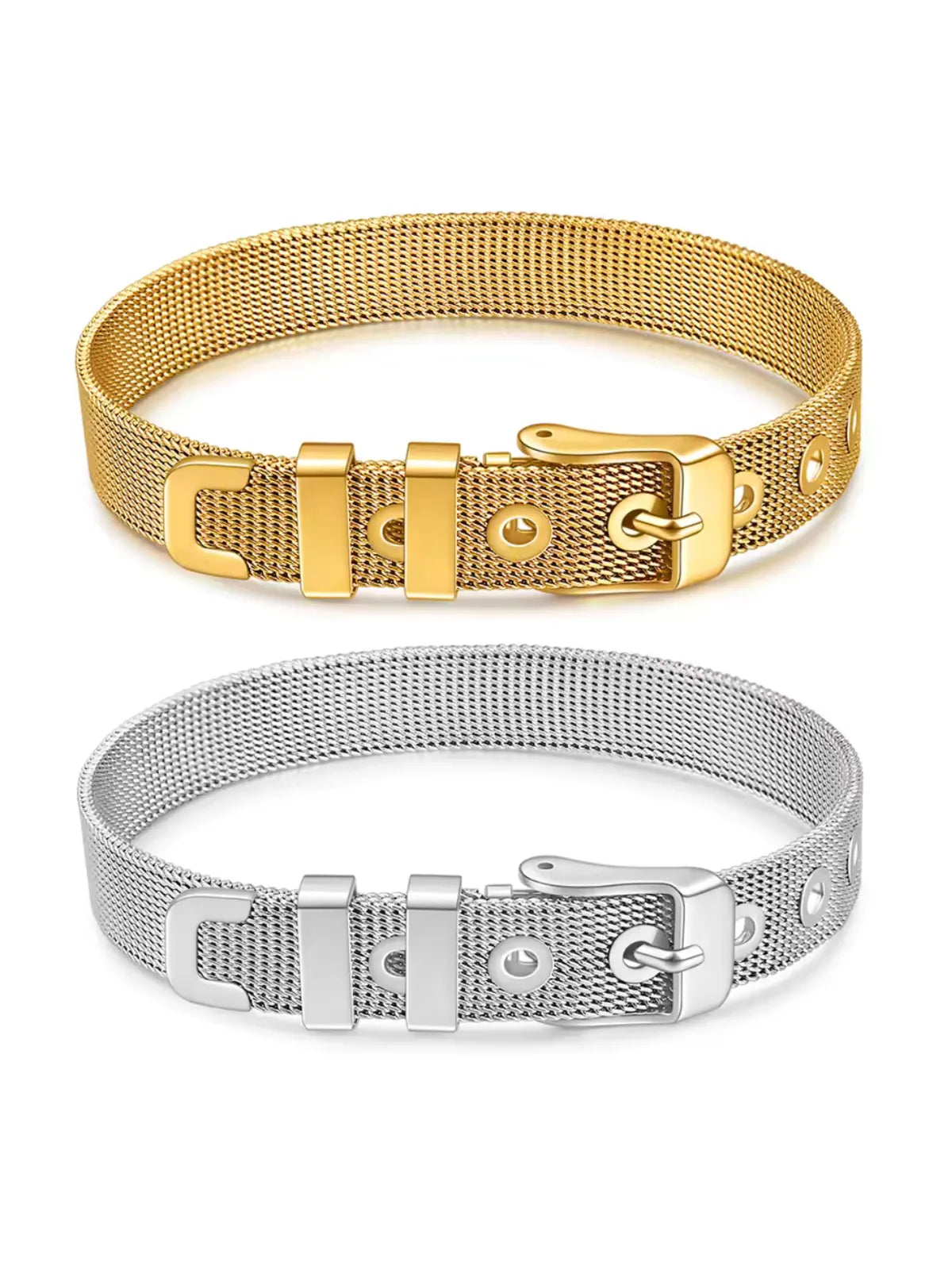 Belt Bracelet luxury gold-plated bracelet by Shine With Me, 18K gold-plated stainless steel front view with sleek belt-inspired design.