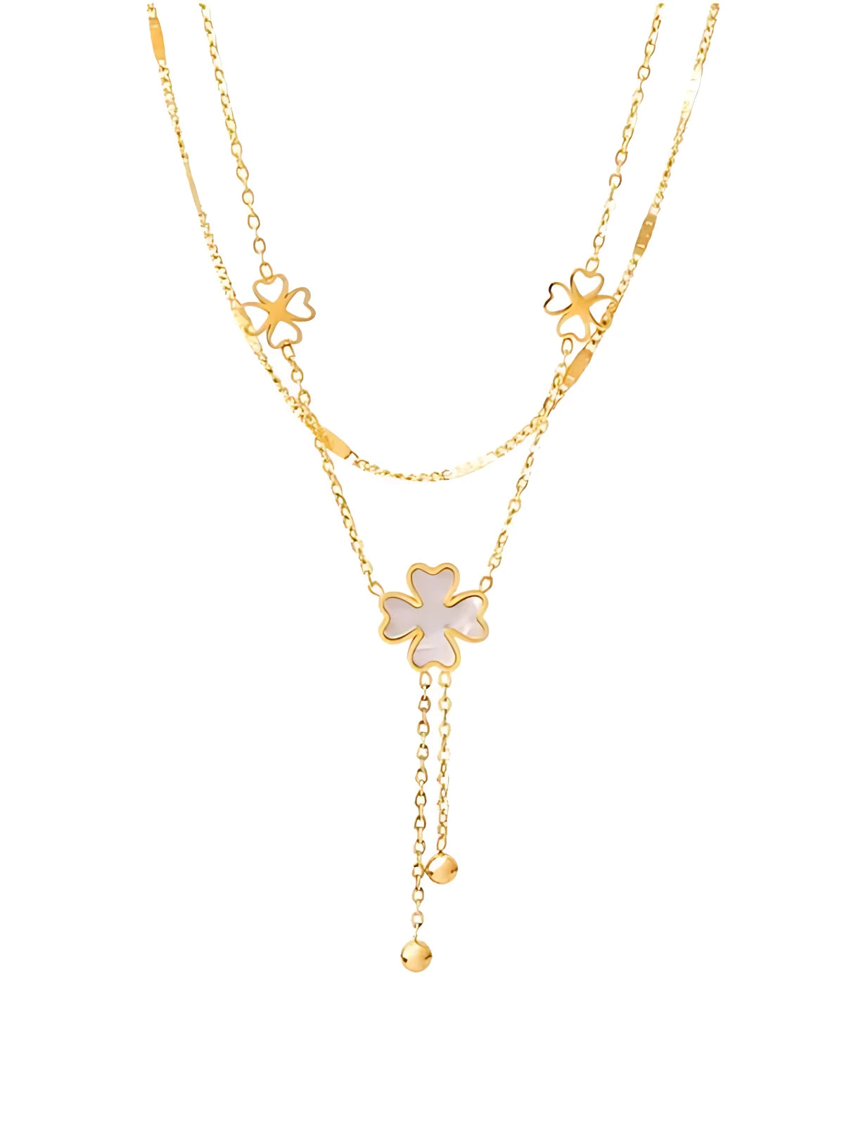 Boom Necklace – Front View-A gold-colored necklace with a floral pendant and multiple chains, displayed against a white background