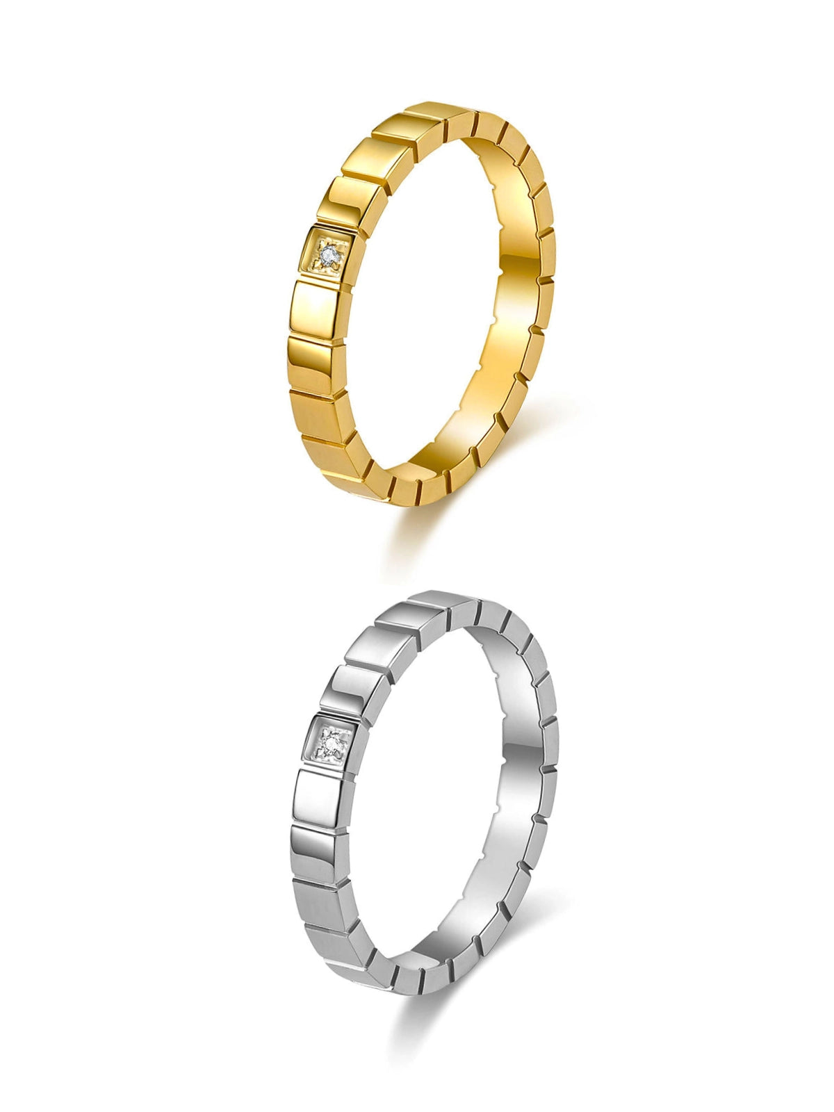 Celina RING-Two gold and silver rings with diamond accents on a white background