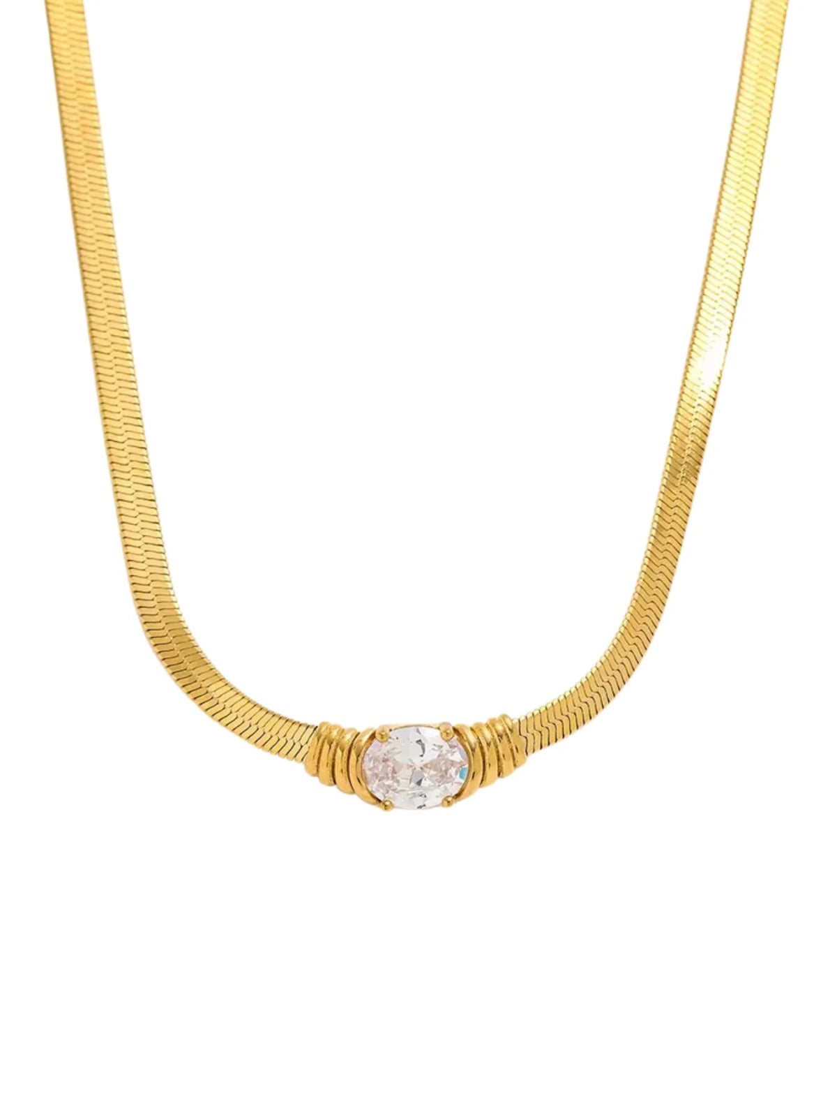 Chanel Necklace – Close-Up Detail-Gold necklace with a central gemstone on a white background