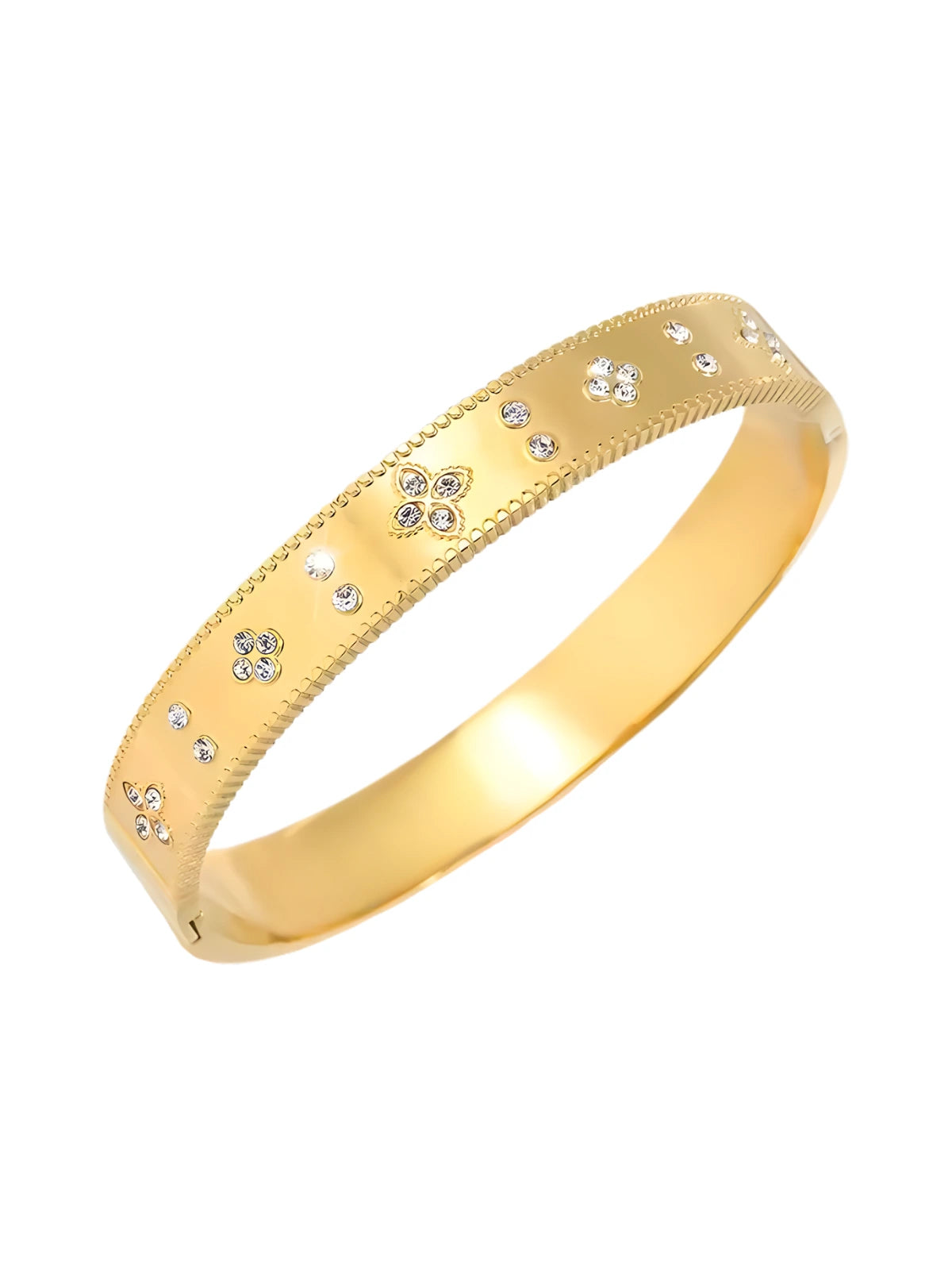 Clara Bangle luxury gold-plated bracelet by Shine With Me, 18K gold-plated stainless steel and cubic zirconia detailing.