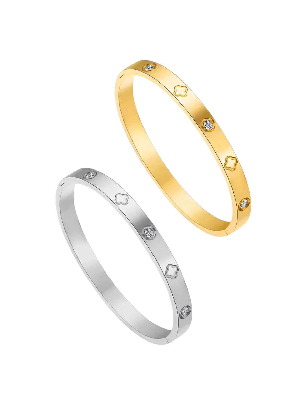 Clovella Bangle by Shine With Me displayed in both Gold and Silver variants — 18K gold-plated stainless steel with clover motif, ready for gifting.