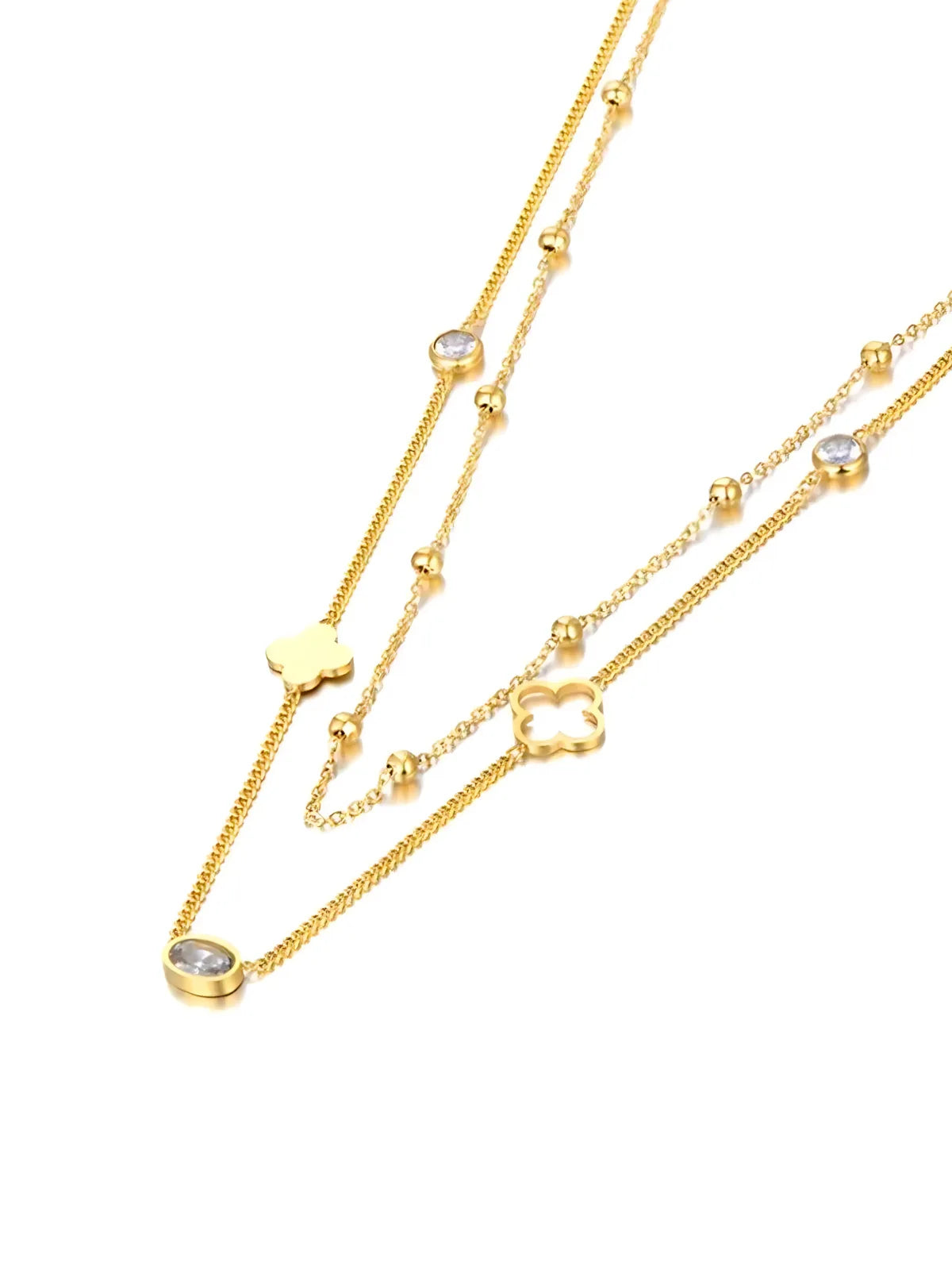 Clover Blossom Necklace luxury 18K gold‑plated stainless steel by Shine With Me, front view showing clover‑pendant motif.