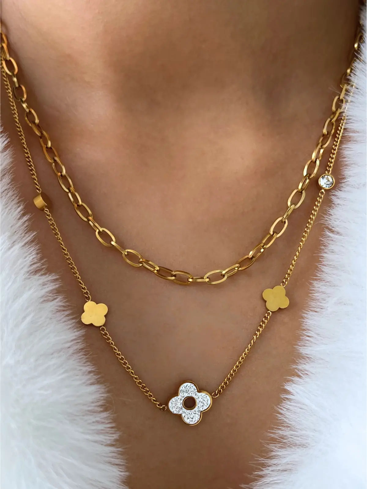 Clover Layered Necklace worn around neck — 18K gold‑plated stainless steel layered necklace with clover motif by Shine With Me, styled look.
