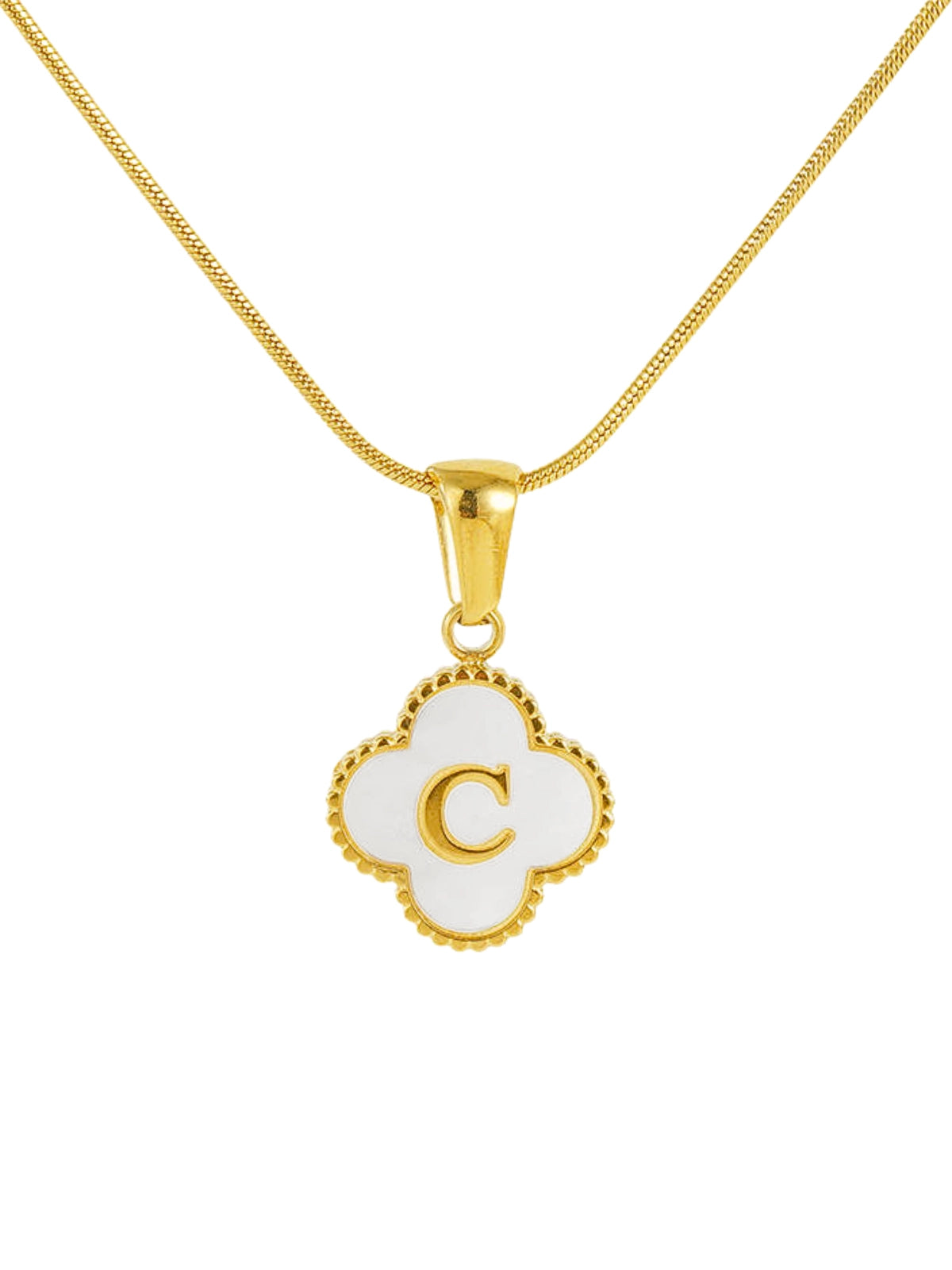 Clover Letter Necklace luxury 18K gold‑plated stainless steel by Shine With Me, front view showing clover pendant and customizable letter-Gold necklace with a white clover-shaped pendant featuring the letter 'C' on a white background