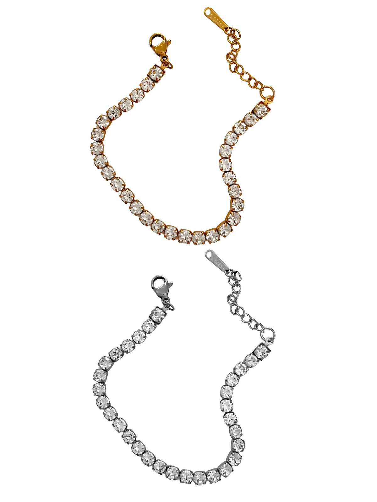 Cosmic Bracelet by Shine With Me displayed in both Gold and Silver variants — 18K gold-plated stainless steel with cubic zirconia, adjustable 17 cm + 3 cm.