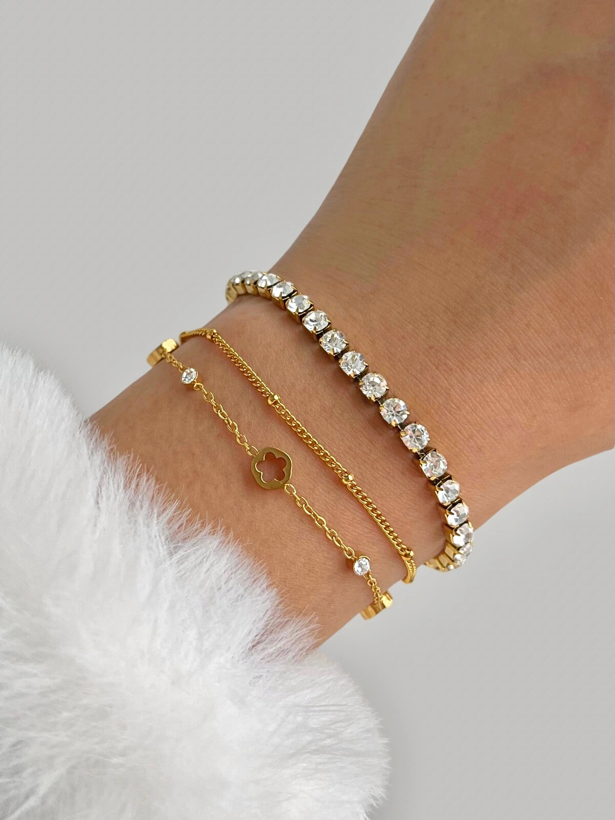 Cosmic Bracelet luxury 18K gold-plated stainless steel bracelet by Shine With Me, front view with cubic zirconia detailing.