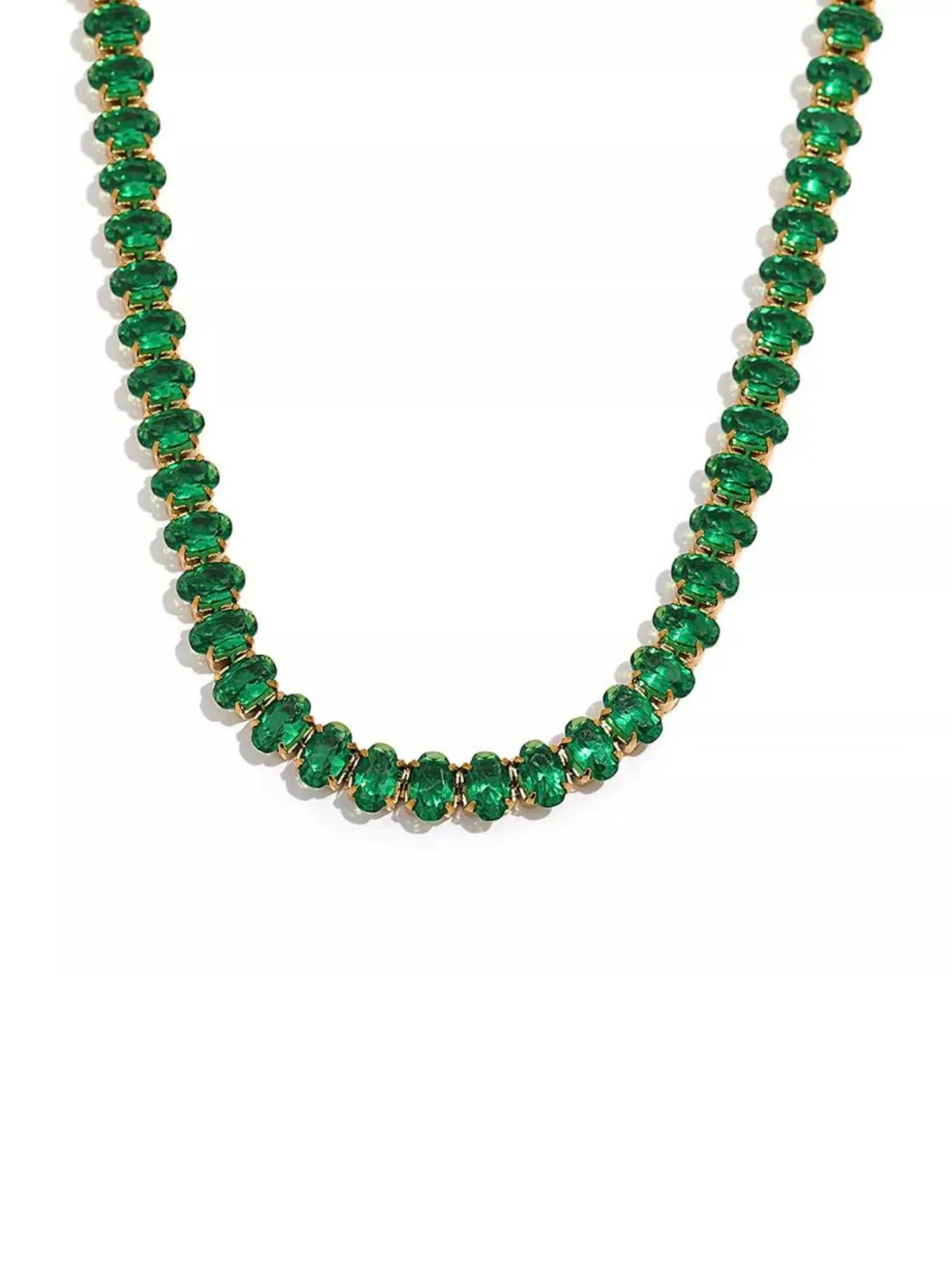 Daisy Chain Bracelet – Close-Up Detail-Green gemstone necklace on a white background