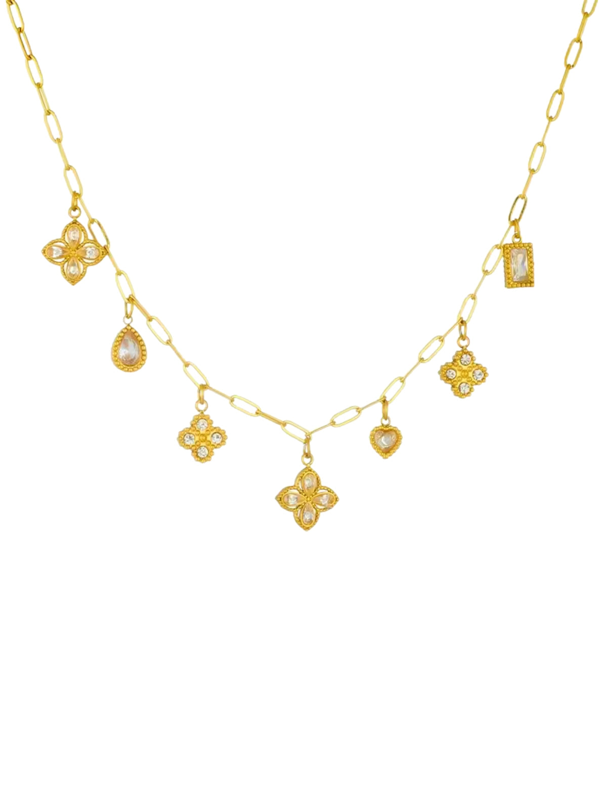 Delyra Clover Necklace luxury 18K gold‑plated stainless steel by Shine With Me, front view with clover motif and cubic zirconia detailing.