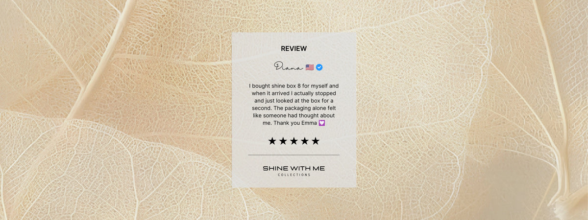 A centered white review card with a star rating and short review text, Diana review for shine with me collection. overlaid on a soft beige background with faint leaf vein patterns.