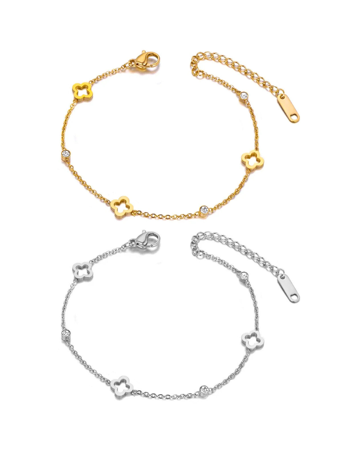 Elle Clover Bracelet – Front View. Two gold and silver anklets on a white background
