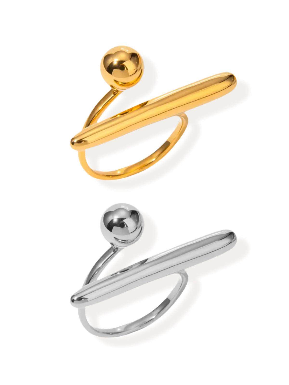 Ellowen Ring, Two gold and silver open rings on a white background