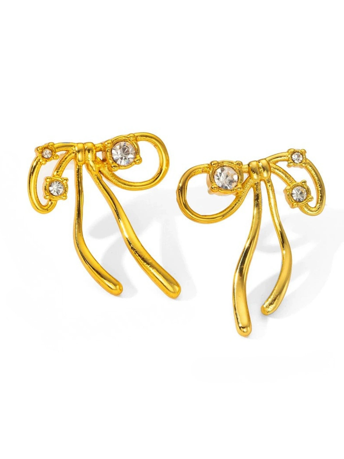 Elora Bow Earring luxury 18K gold-plated stainless steel bow-design by Shine With Me, front view.