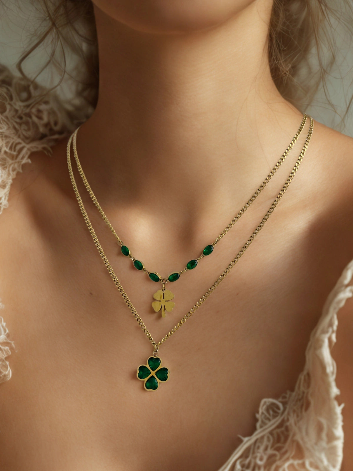 Eva Grace Necklace worn around neck — 18K gold-plated stainless steel by Shine With Me, styled look.