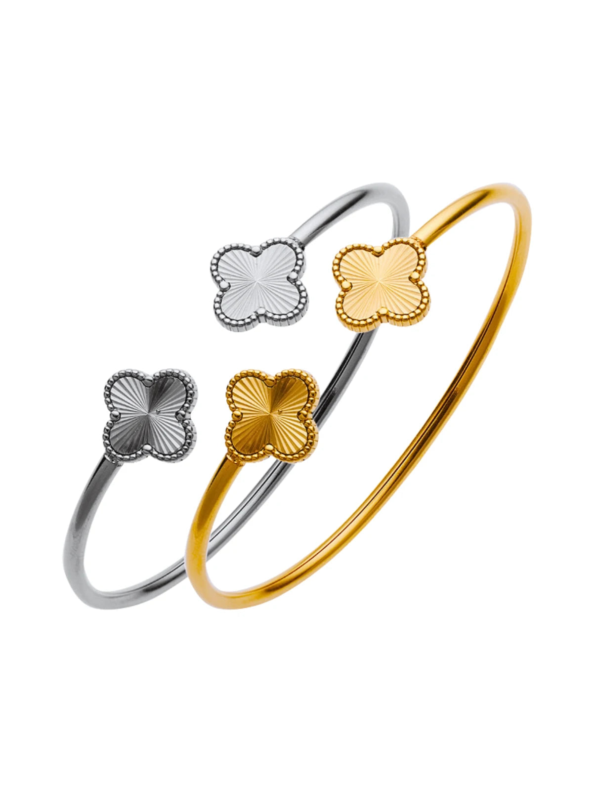 Falisha Clover Bangle luxury gold-plated bracelet by Shine With Me, clover motif front view in gold finish.