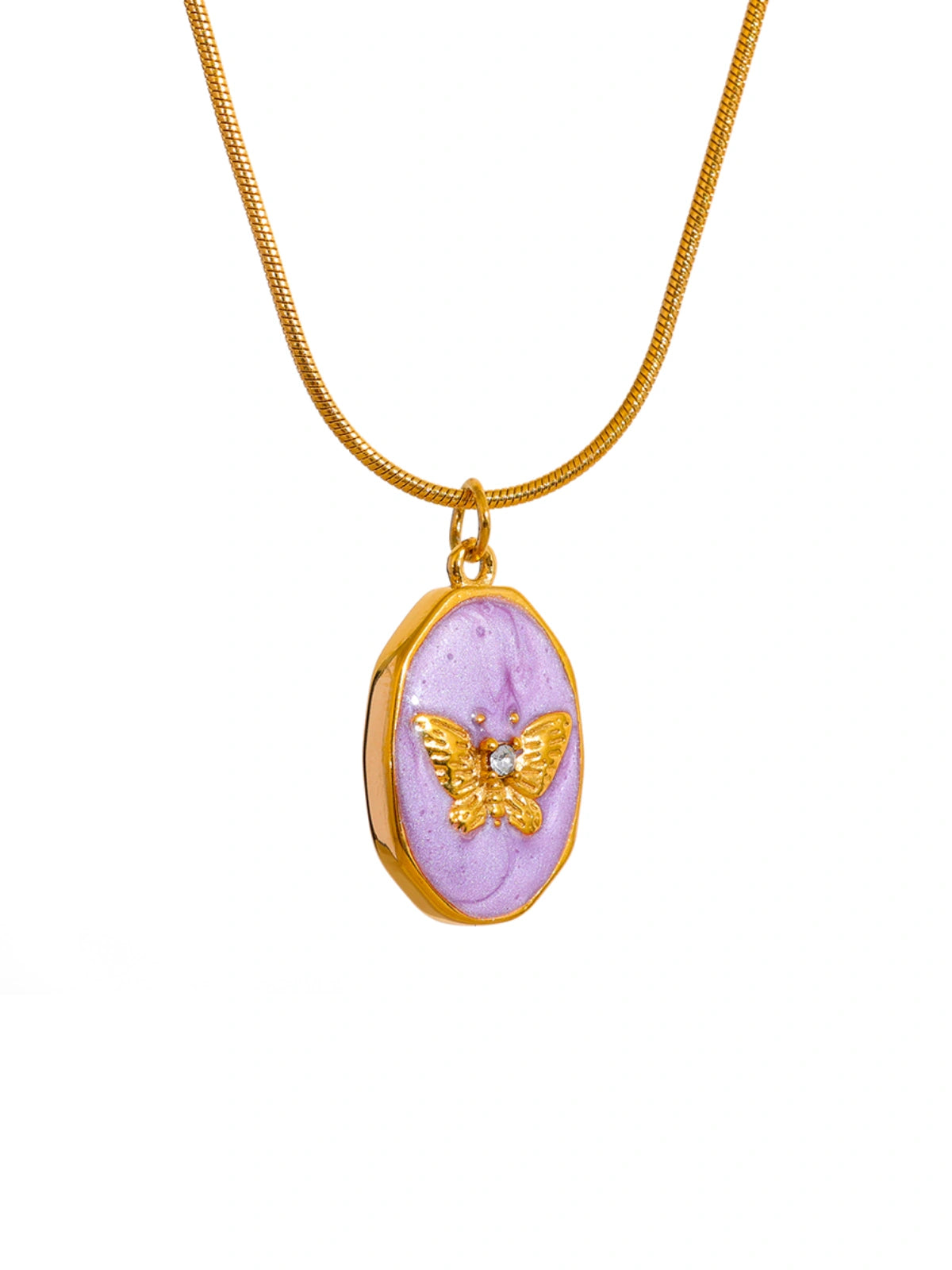 Flora Butterfly Necklace – Front View-Necklace with a pink pendant featuring a gold butterfly design on a white background