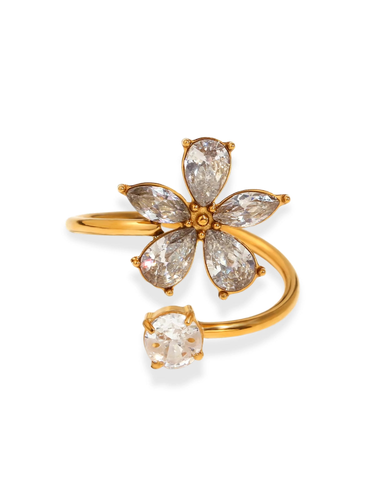 Flora Ring – Front View-Gold ring with diamond-shaped stones on a white background