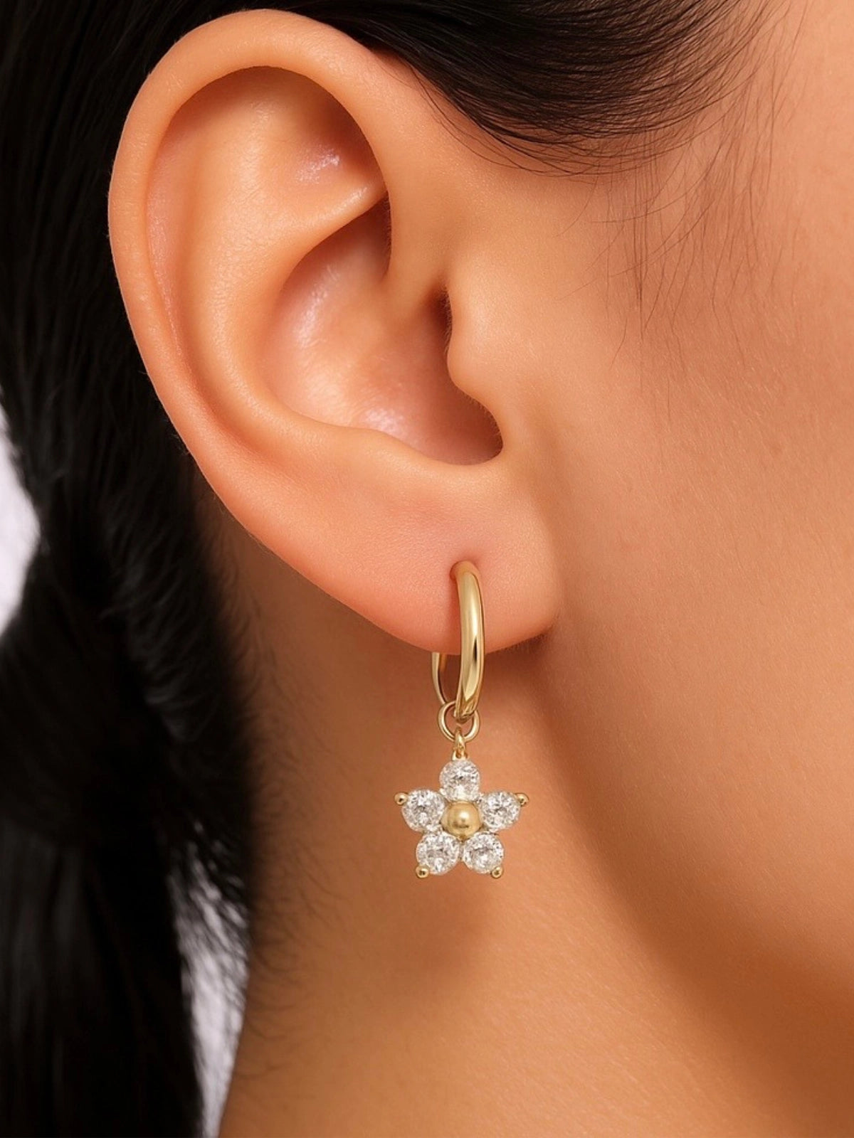 Freya Earring worn on ear — 18K gold‑plated stainless steel earring (28 mm) by Shine With Me, styled look in Gold & Clear variant.