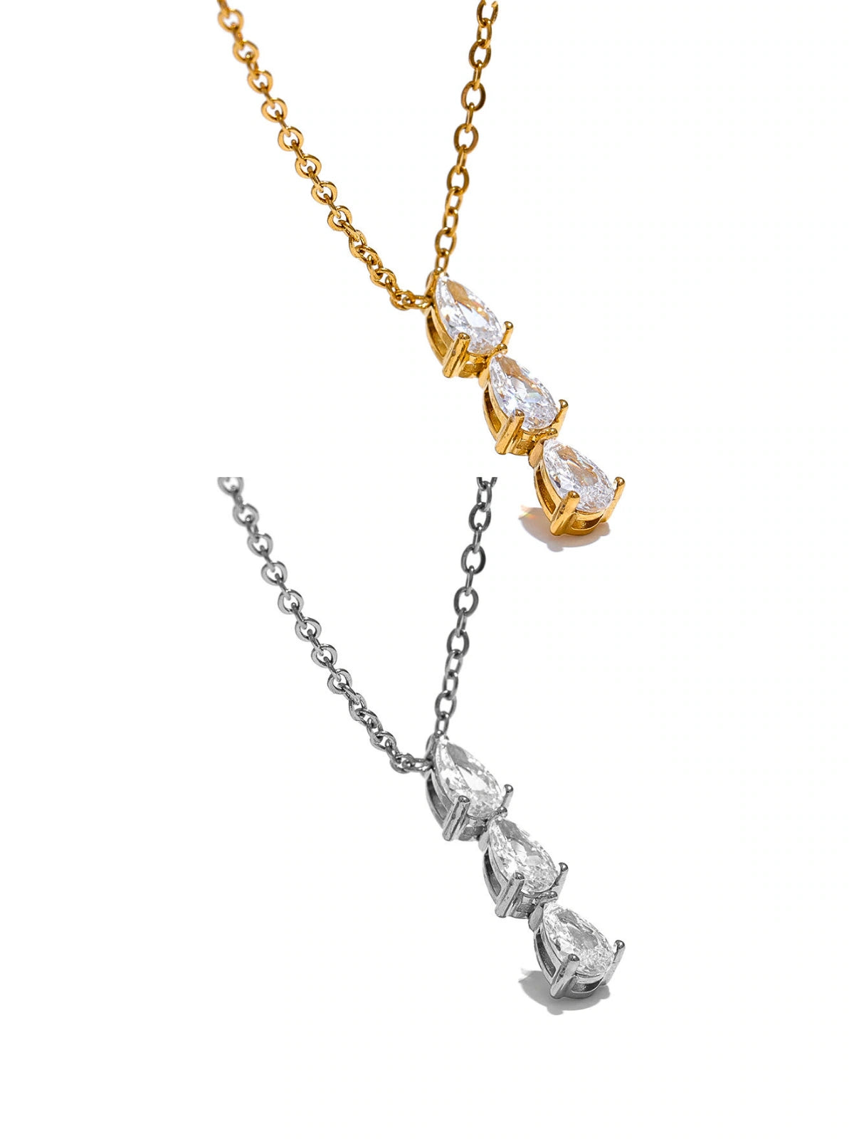 Gina Necklace by Shine With Me displayed in Gold and Silver variants — 18K gold‑plated stainless steel, chain 45 cm + 5 cm, ready for gifting-Two diamond necklaces, one gold and one silver, on a white background.