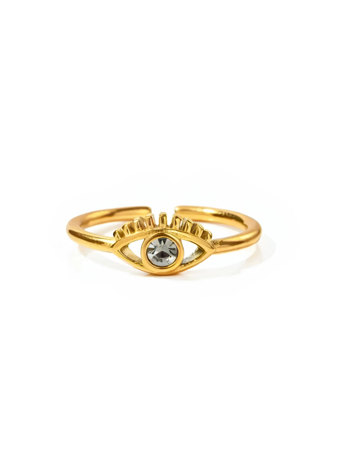 Golden Eye Charm Ring A gold-colored charm ring with a cubic zirconia eye design on a white background