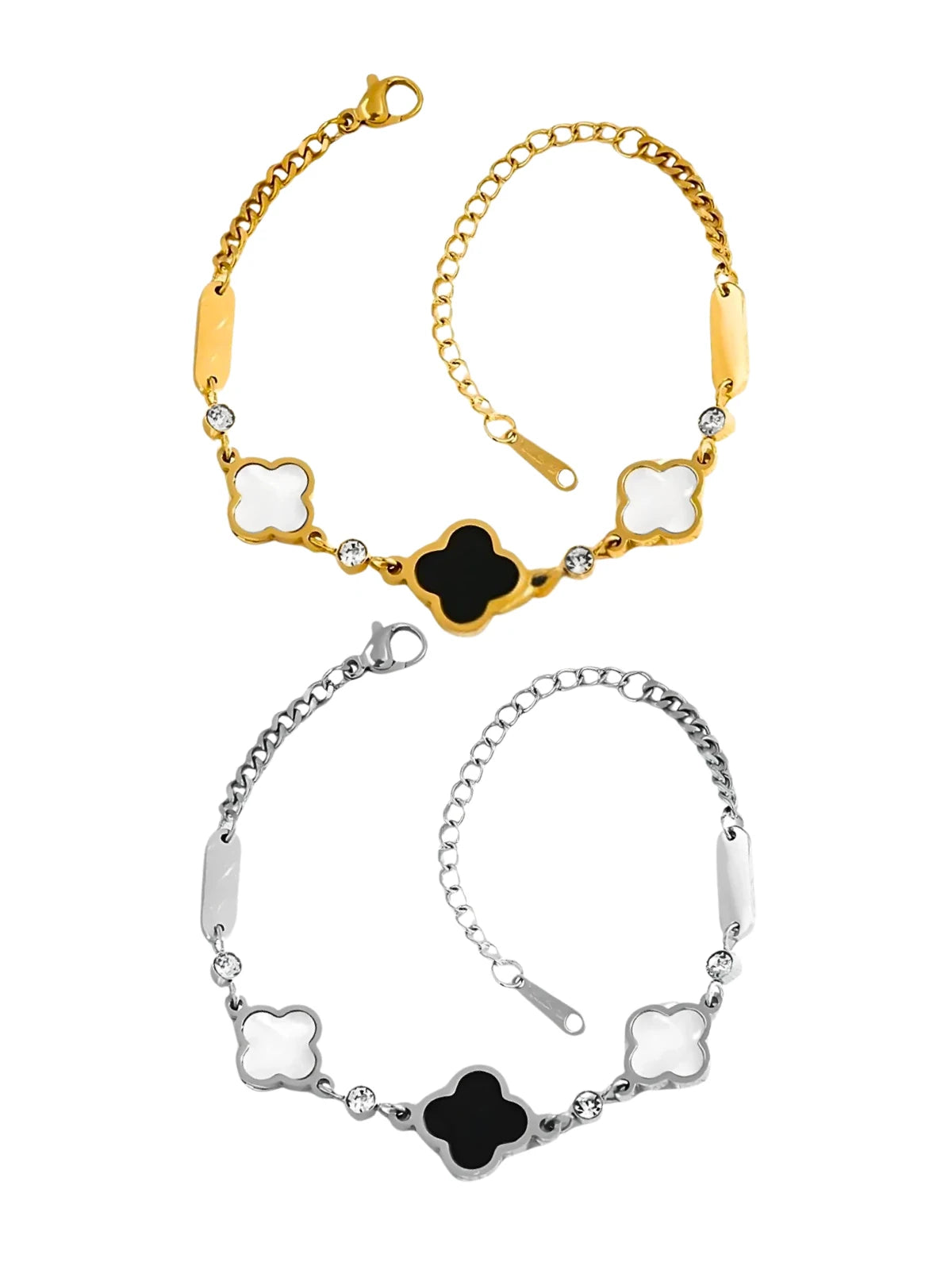 Goldra Clover Bracelet luxury gold-plated bracelet by Shine With Me, front view displaying clover motif and premium finish. Gold and silver bracelet with clover-shaped charms on a white background