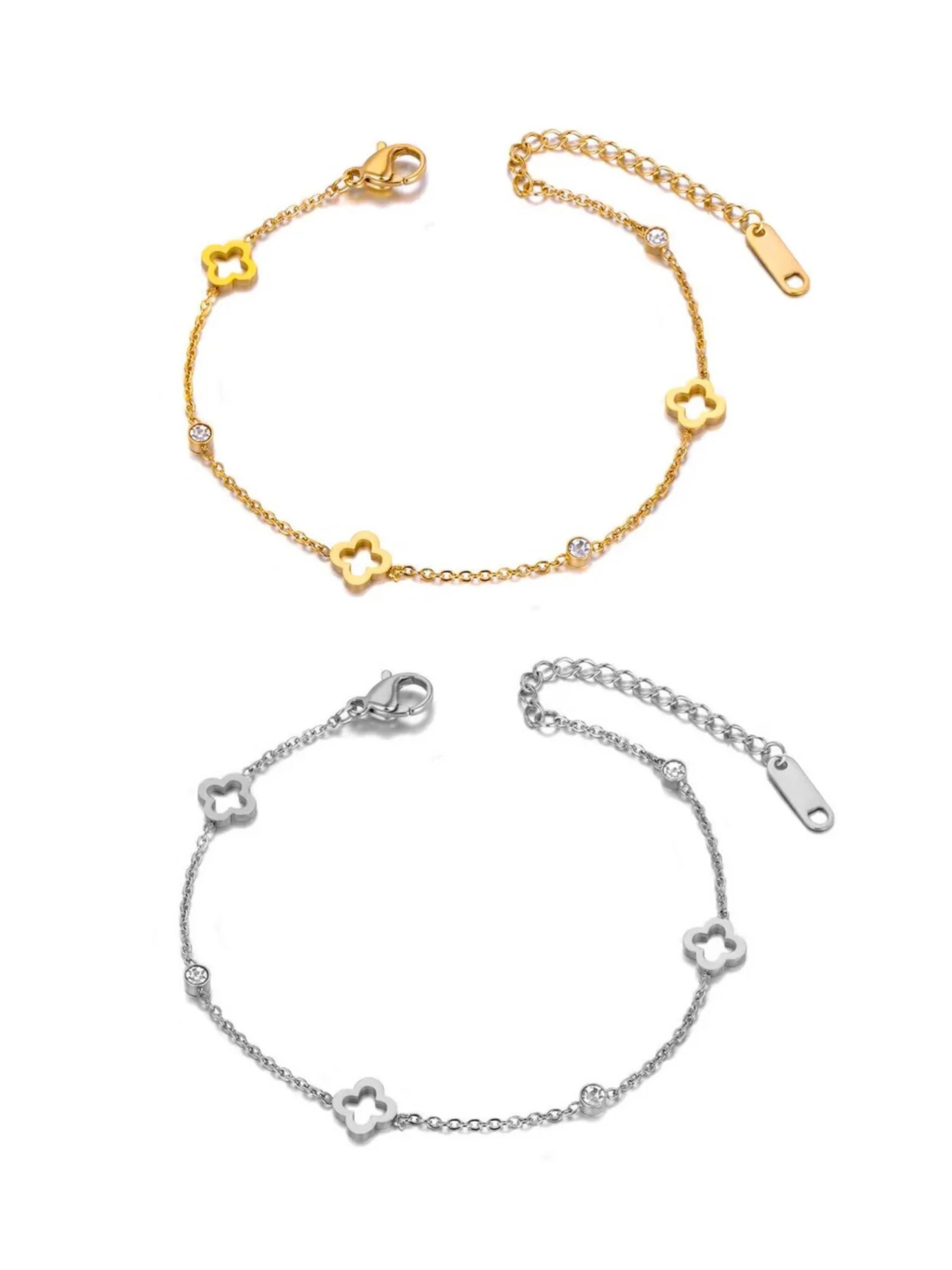 Halo Clover Bracelet in gold-plated stainless steel by Shine With Me, front view highlighting elegant clover detailing.