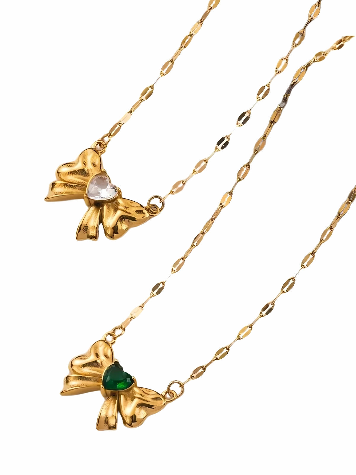 Close-up of Heart & Bow Necklace by Shine With Me showing the gold-plated finish, stainless steel base and sculpted bow-heart pendant design.