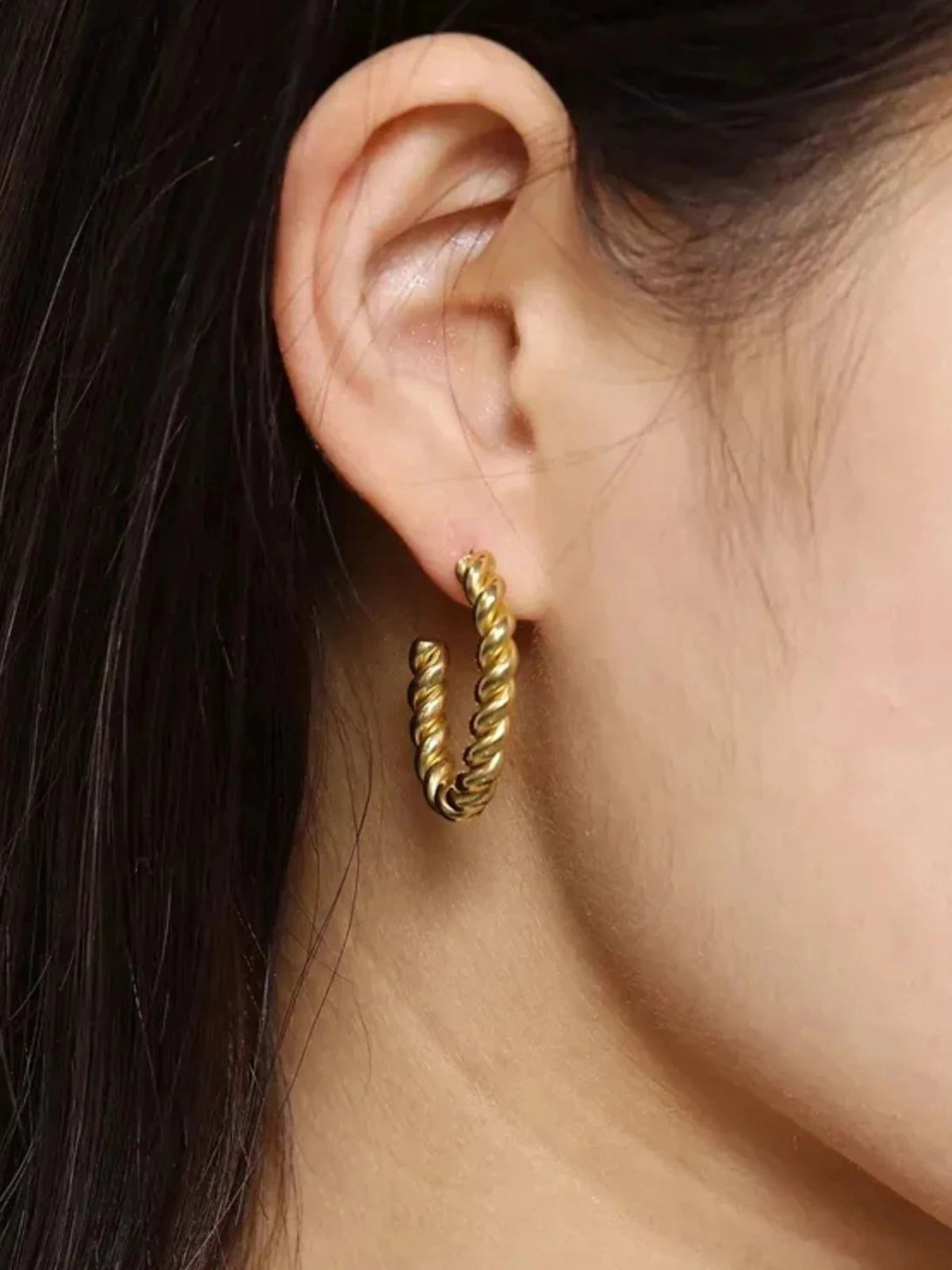 Helen Hoop Earring worn on ear — 18K gold‑plated stainless steel hoop (size 19 mm × 23 mm) by Shine With Me, styled look.