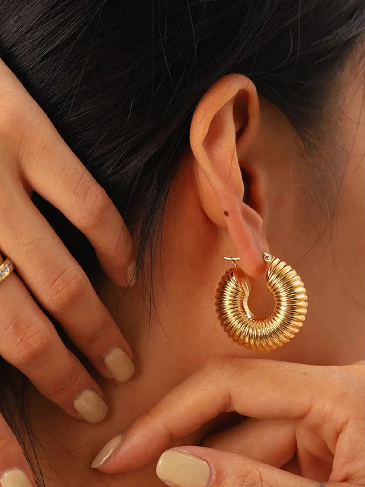 Karina Hoop Earring worn on ear — 18K gold‑plated stainless steel, 30 mm size, by Shine With Me, styled look.