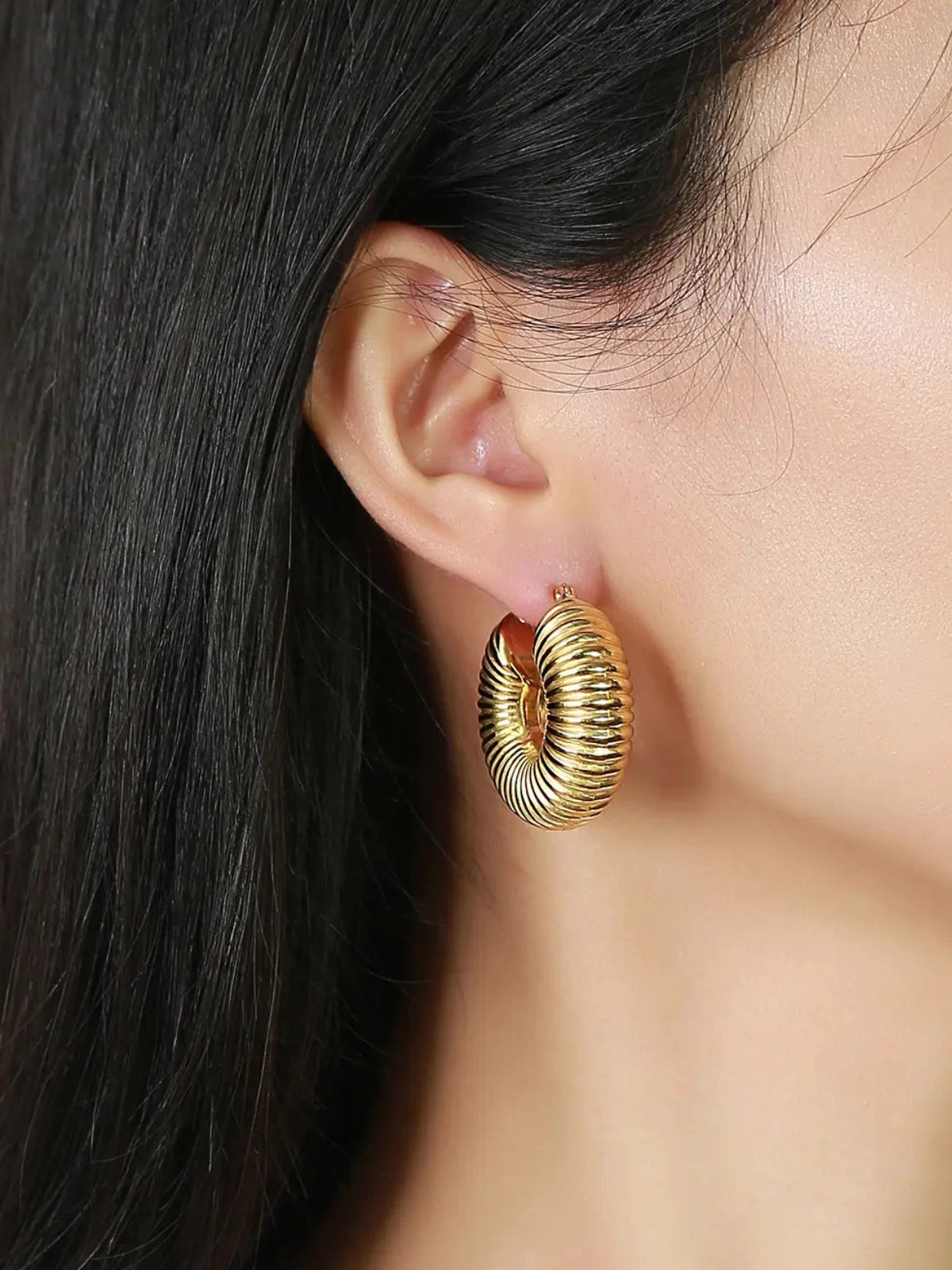 Karina Hoop Earring worn on ear — 18K gold‑plated stainless steel, 30 mm size, by Shine With Me, styled look.