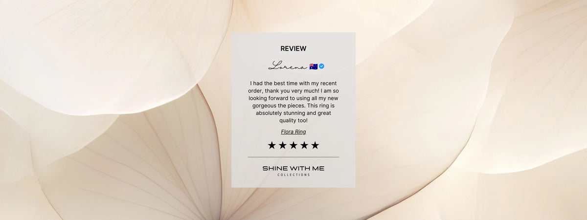 A centered white review card with a star rating and the text 'SHINE WITH ME COLLECTION' on a soft beige floral background.