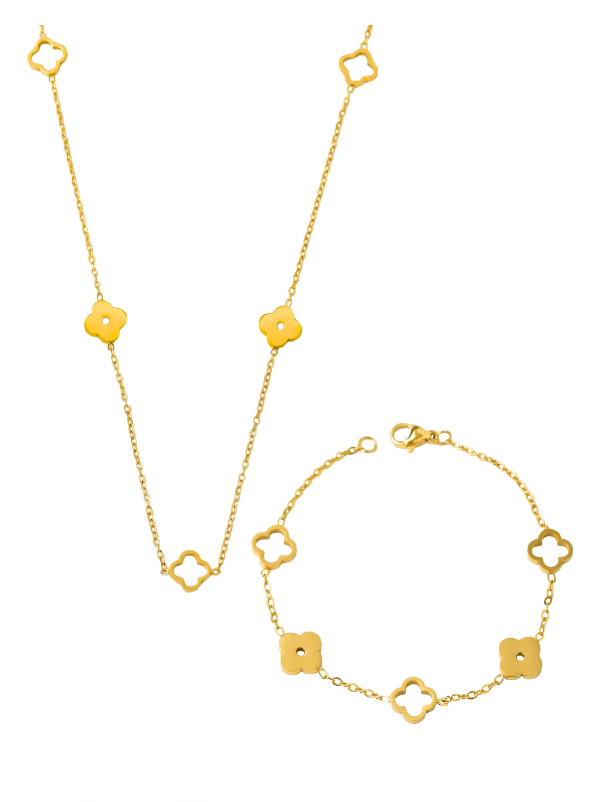 Lily Clover Necklace & Bracelet set luxury gold-plated by Shine With Me, front view showing matching clover design and polished finish.
