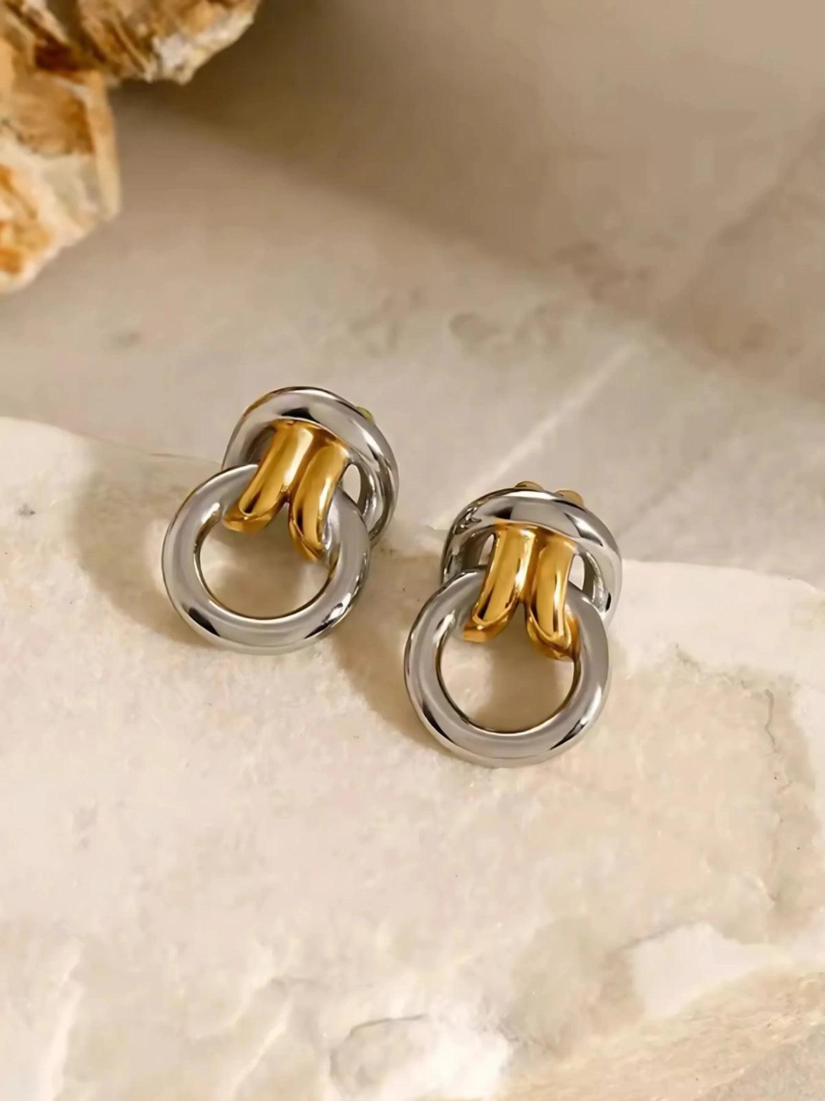 Close‑up of Lucia Earring by Shine With Me showing the gold‑plated finish, stainless steel base and fine craftsmanship (12.2 g weight)