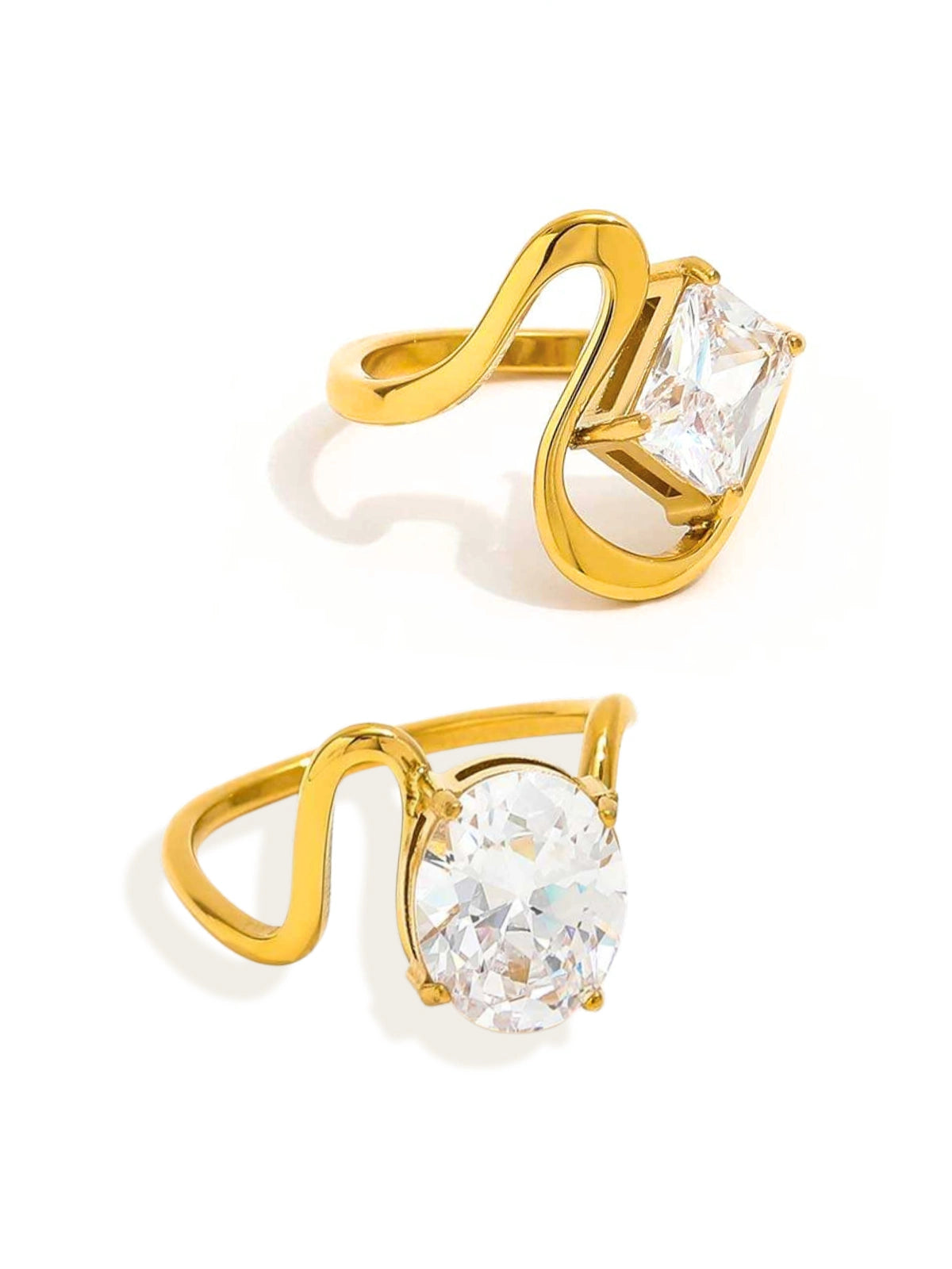 Lucie Rings – Front View-Gold rings with clear gemstones on a white background