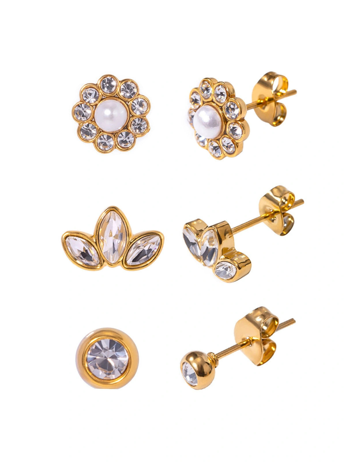 Lunessa Stud Earrings Set – Trio Display-Set of gold earrings with clear gemstones on a white background