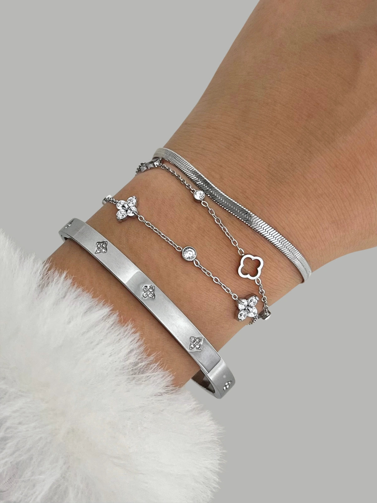 Lyra Bracelet worn on wrist —stainless steel by Shine With Me, adjustable size 17 cm + 3 cm for everyday elegance