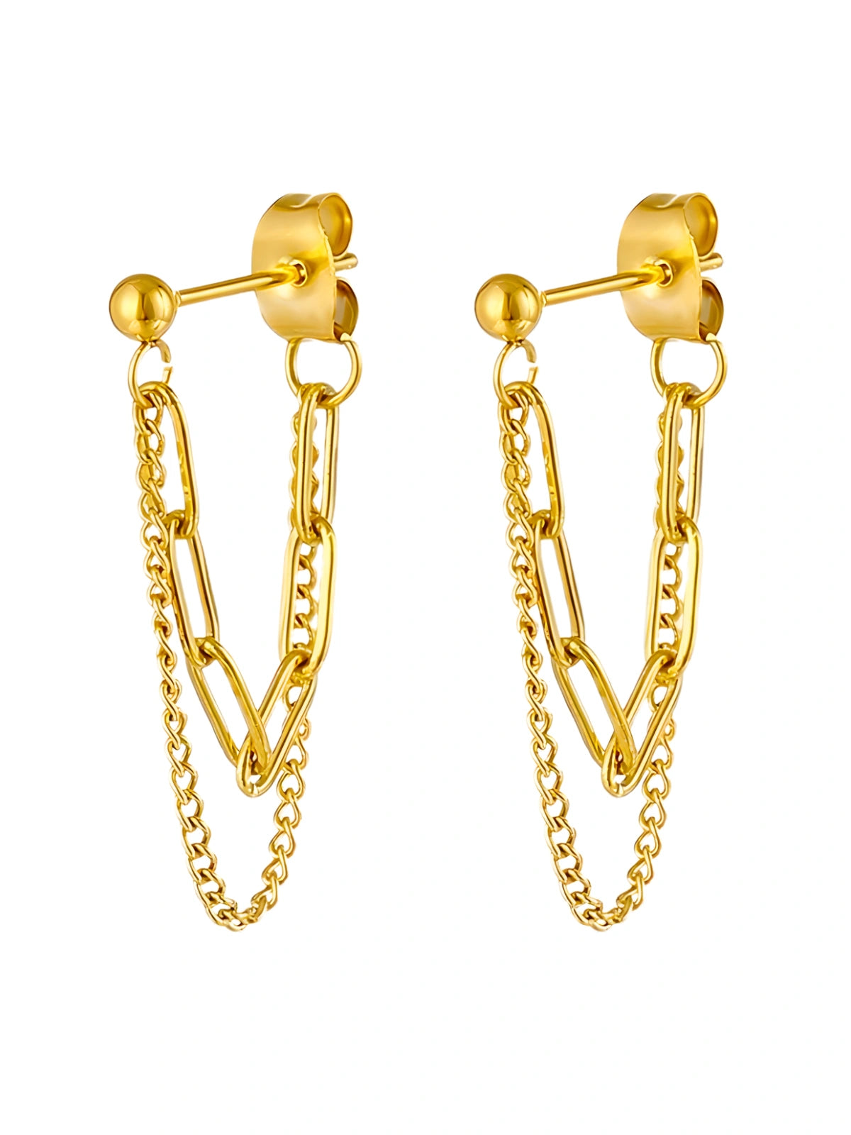 Lyra Chain Earrings luxury 18K gold‑plated stainless steel by Shine With Me, front view of the chain‑drop design.