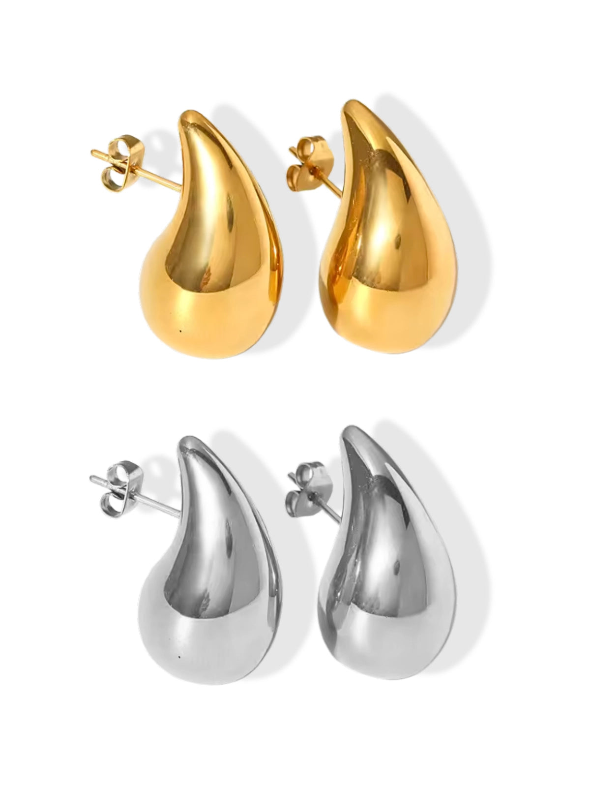 Madonna Drop Earring luxury 18K gold‑plated stainless steel by Shine With Me, front view-Gold and silver teardrop-shaped earrings on a white background