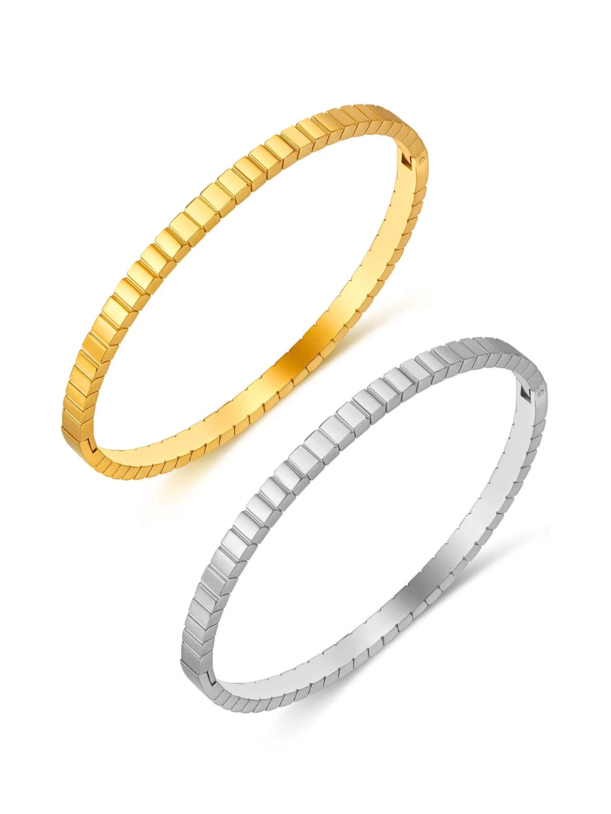 Mimi Bangle by Shine With Me displayed in both Gold and Silver variants — 18K gold-plated stainless steel bangle