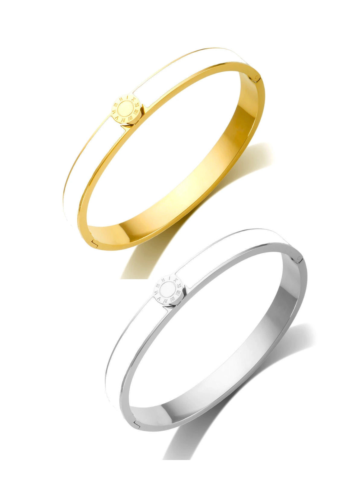 Miranda Bangle luxury 18K gold-plated stainless steel bangle by Shine With Me, front view. Gold and silver bangles with embedded stones on a white background