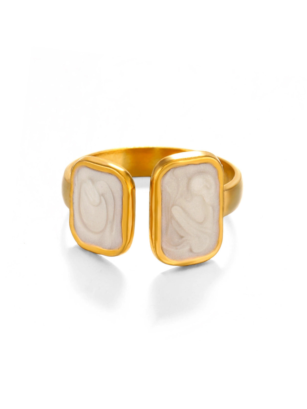 Moonlight Whisper Ring – Front View-Gold ring with a beige stone on a white background