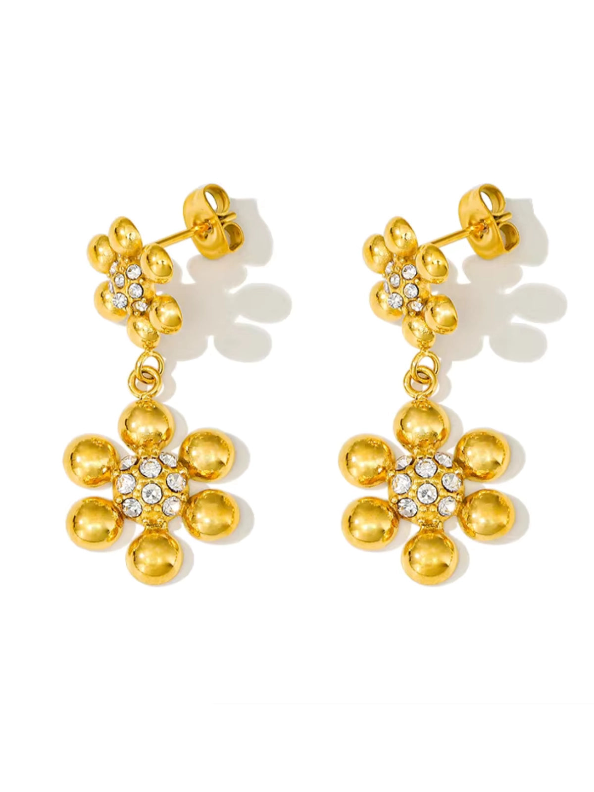 Petalia Gold Earrings luxury 18K gold-plated stainless steel earrings by Shine With Me, front view.