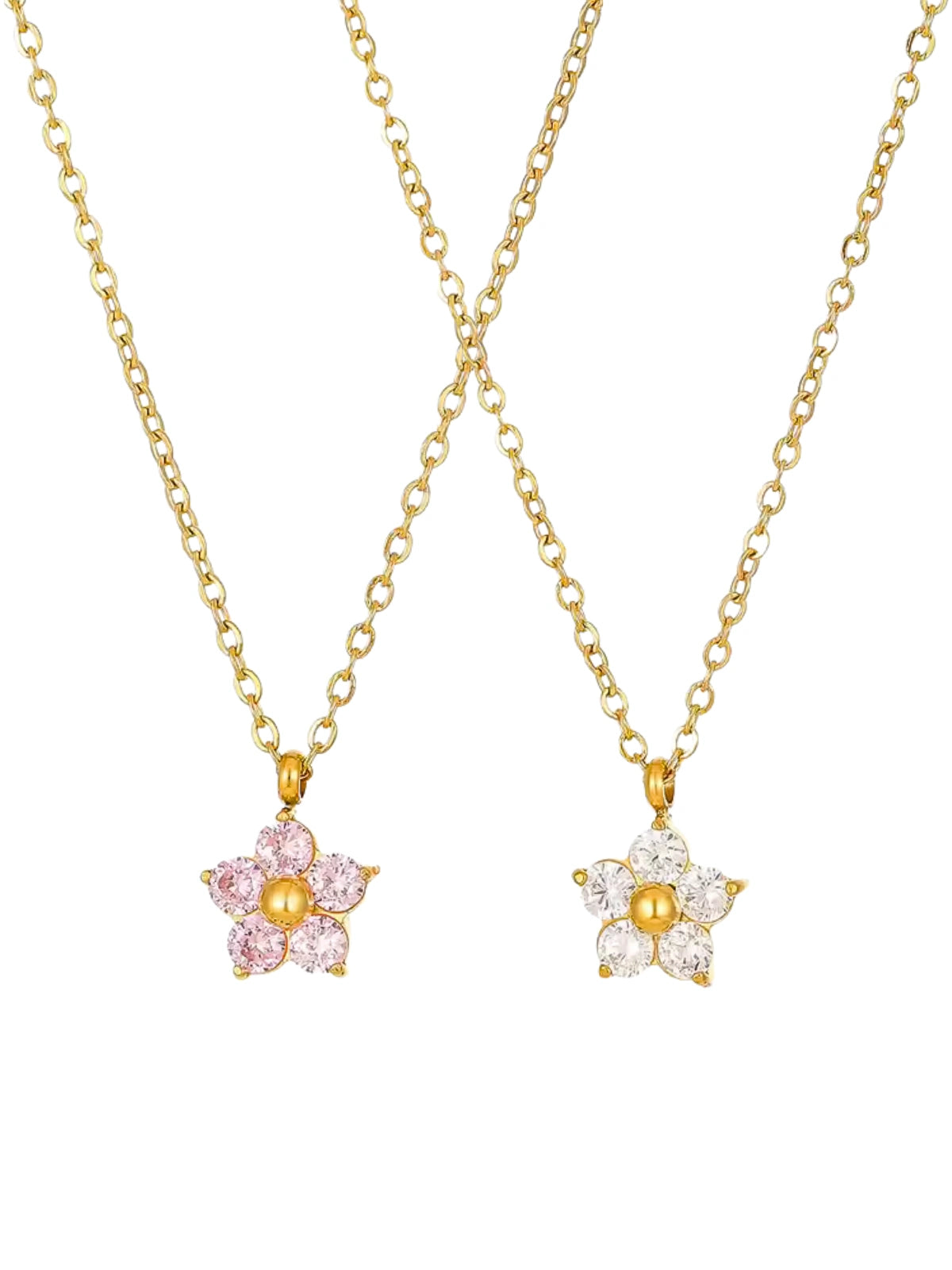 Petalia Necklace – Front View-Two floral necklaces with pink and gold flowers on a white background