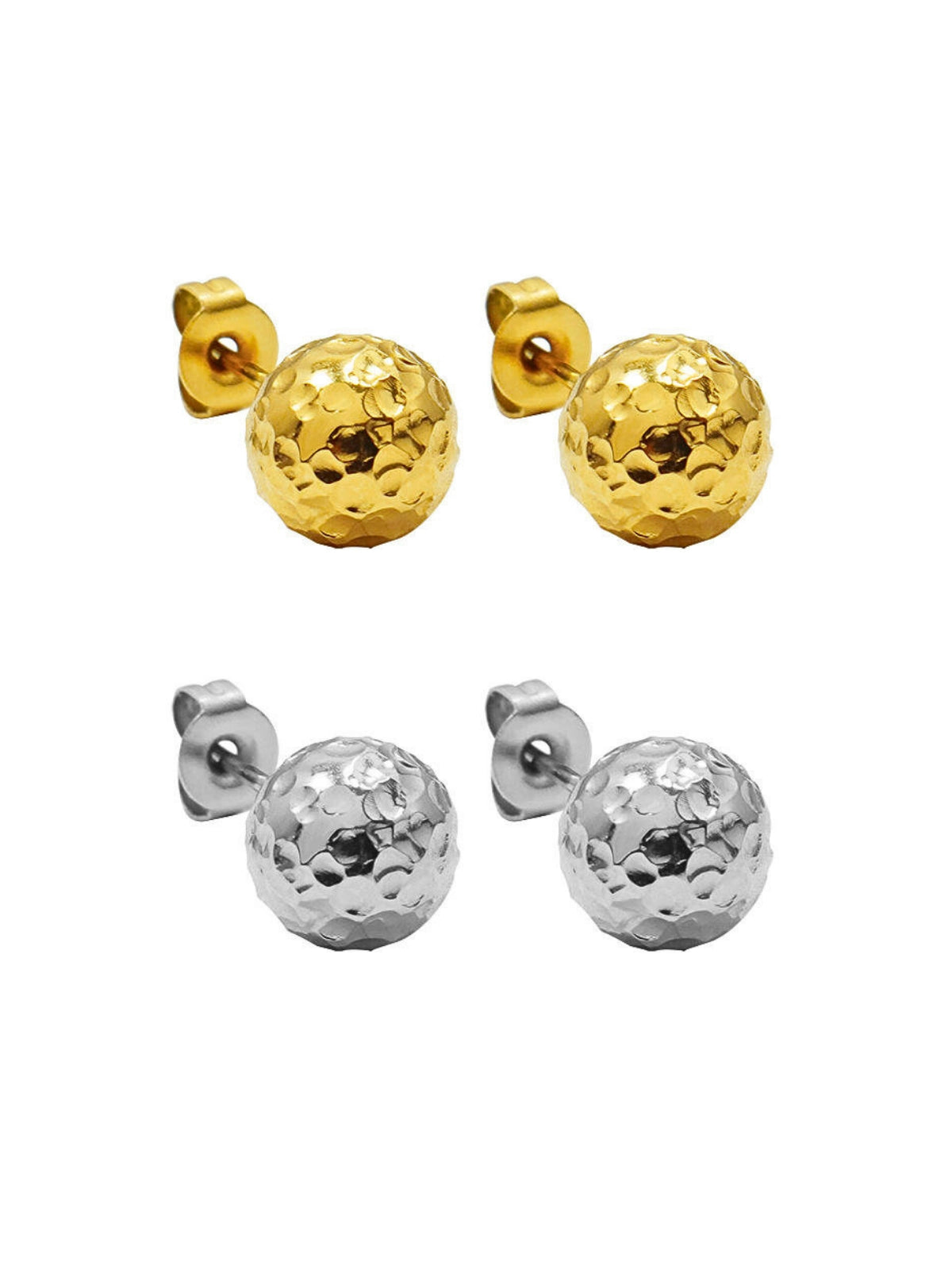 Raya Stud Earring – Front View-Pair of gold and silver ball-shaped earrings on a white background