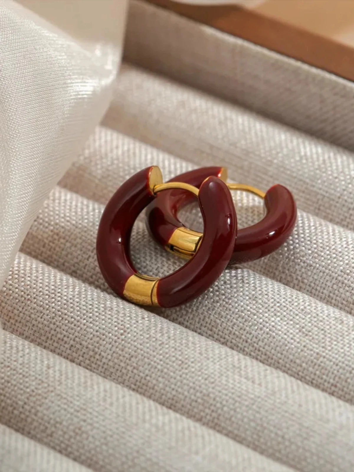 Close-up of Rubina Hoop Earring by Shine With Me showing the gold-plated finish, stainless steel base and fine craftsmanship.