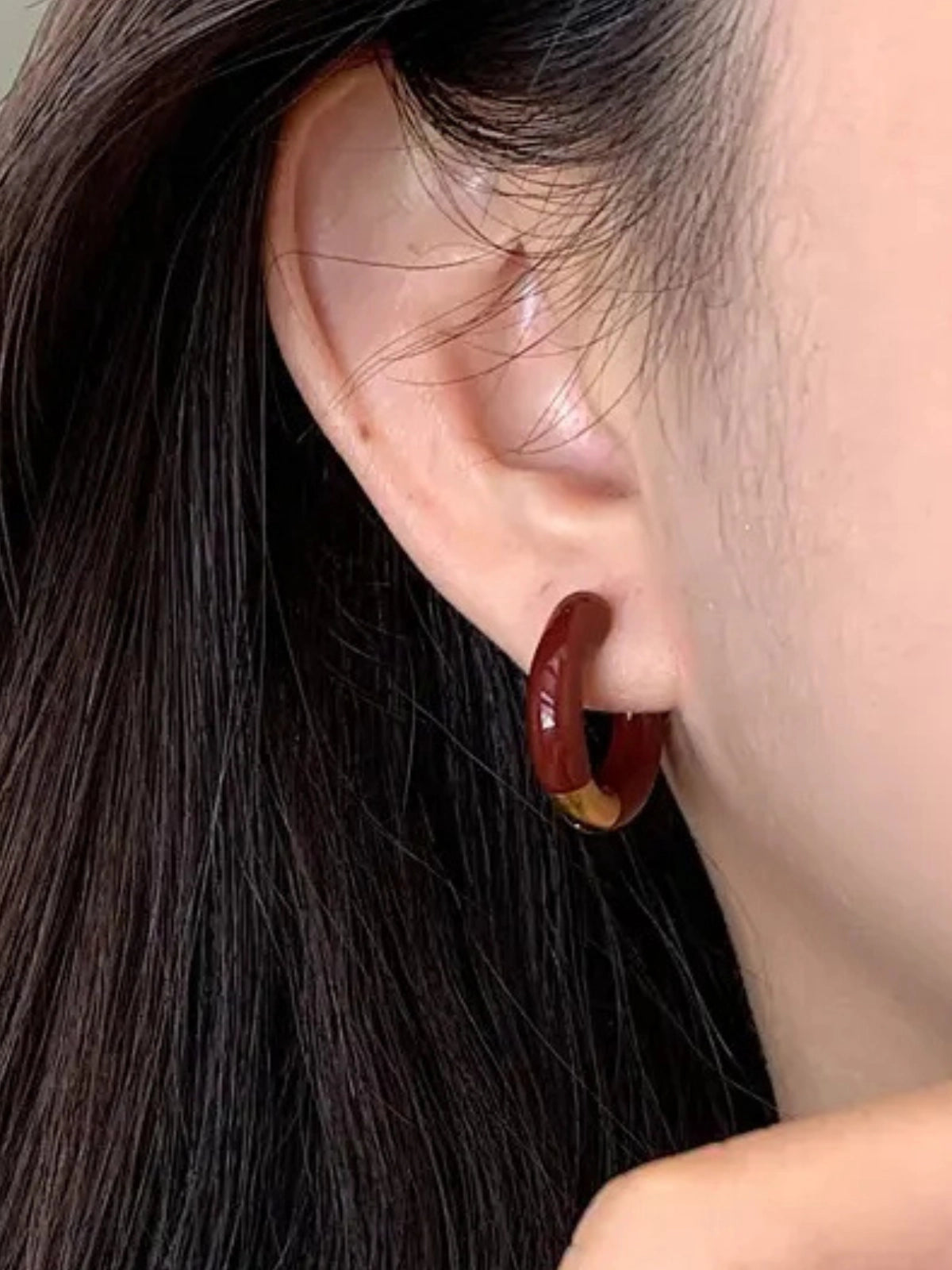 Rubina Hoop Earring worn on ear — 18K gold-plated stainless steel hoop (20 mm) by Shine With Me, styled look.