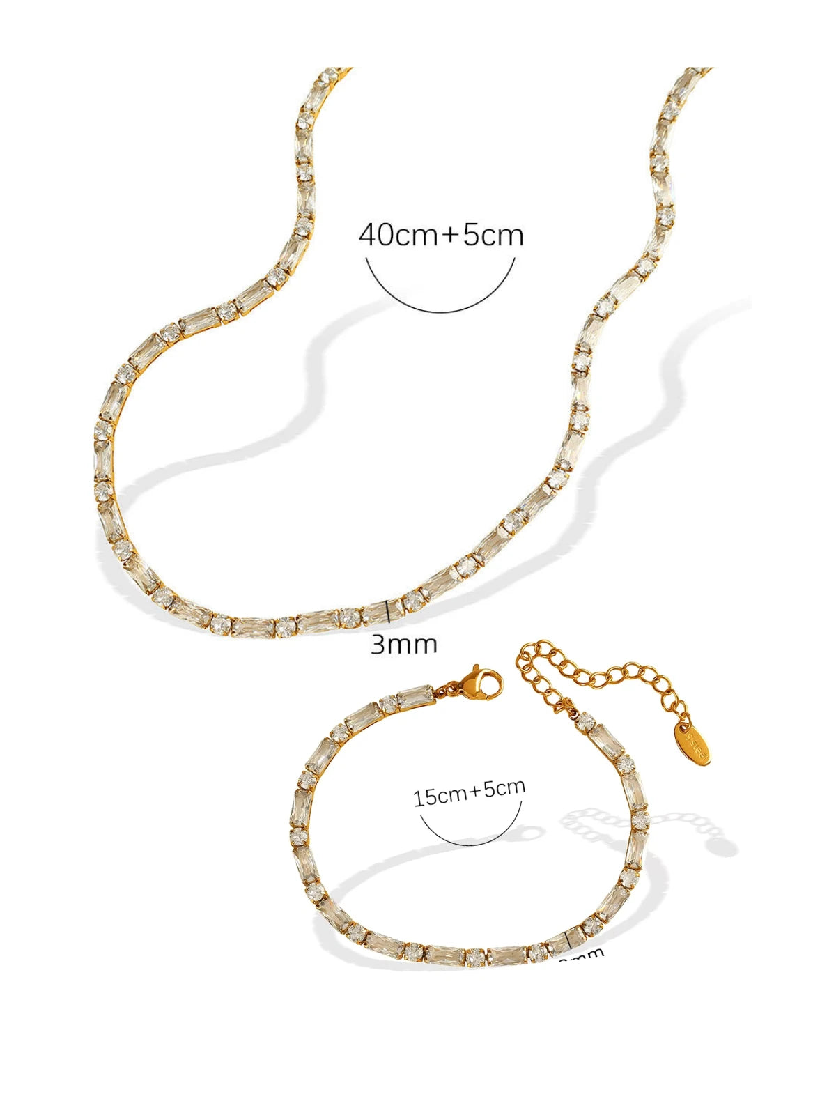 Sansa Necklace & Bracelet – Layered Style Gold necklace and bracelet set with measurements on a white background